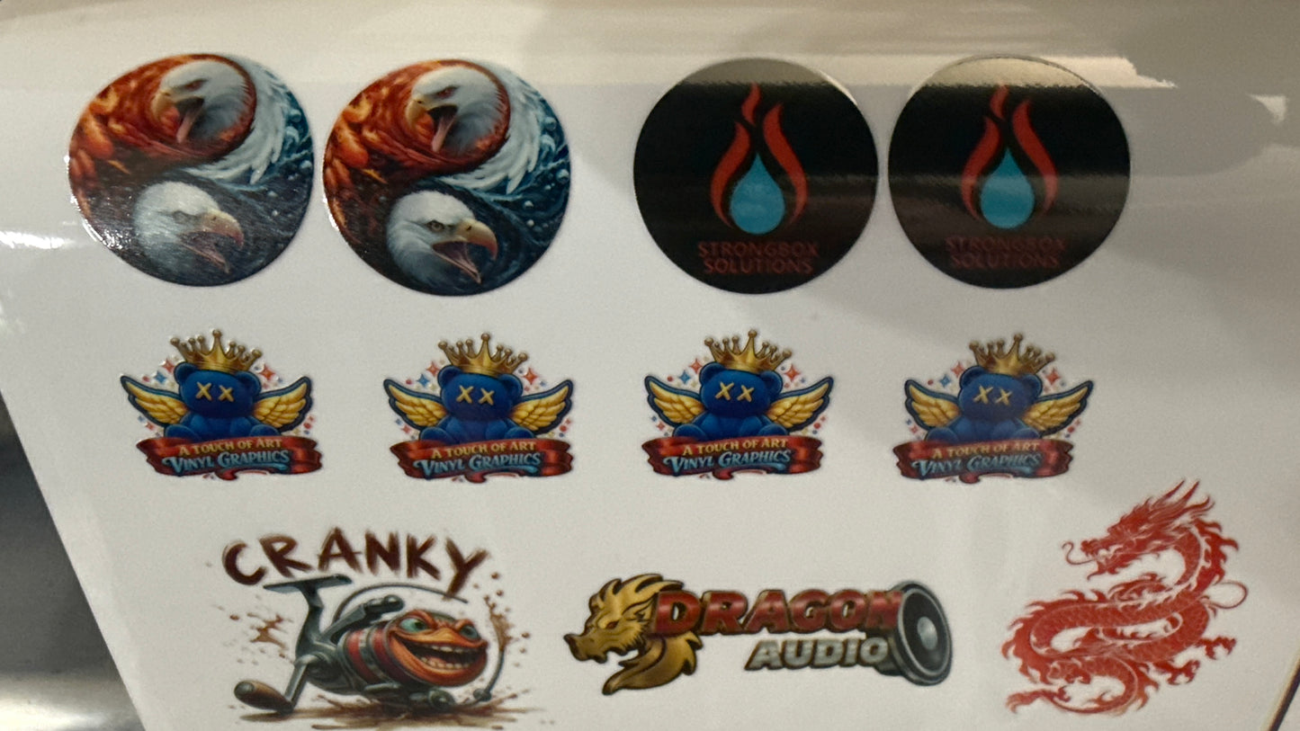 Custom gang sheets featuring vibrant logos and designs for promotional items and merchandise.