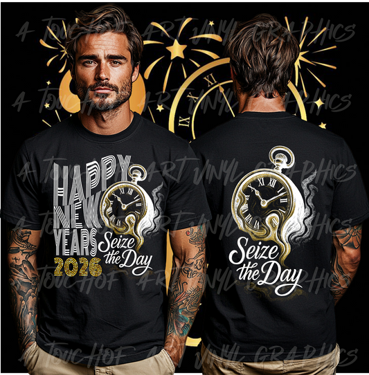 Custom print t-shirts featuring a New Year's design with clock and text 'Seize the Day 2026.