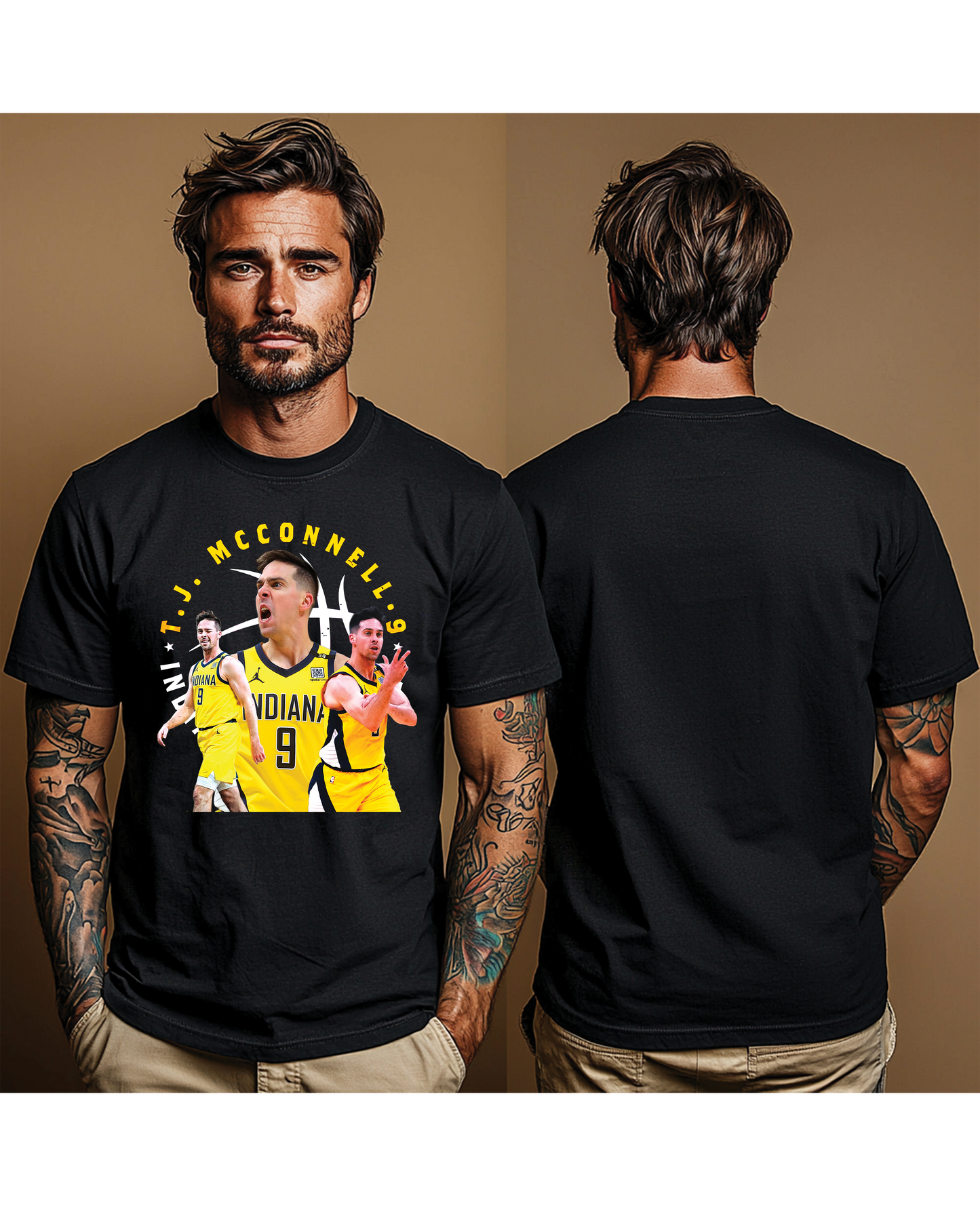 Custom Print T-Shirt featuring T.J. McConnell design on a black lightweight fabric, showcasing a personalized style.