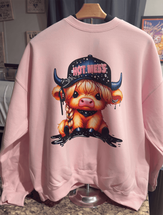 Custom Print Sweatshirts Heavyweight Comfort with cute cow graphic and 'HOT.MESS' text on pink background.
